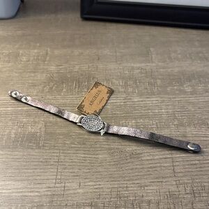 Angelus Collection Silver Bracelet w/Crystal Accent,Faux Leather Strap,NWT